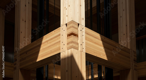 Close-up of a wooden beam structure showing intricate joinery and natural wood grain detail in contemporary architecture