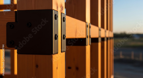 Close-up of wooden beams secured with metal brackets, showcasing structural engineering and construction details