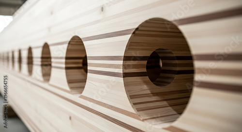 Close-up of a wooden beam with circular cutouts, showcasing natural wood grain patterns and construction materials