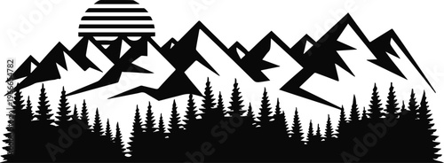 mountain emblem minimalist badge with sun and pine tree silhouettes