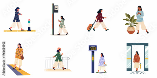 Vector illustration set of a young woman in modern ethnic attire navigating daily life, including commuting, traveling, and urban activities.