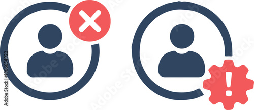 user account avatar icons with x mark warning triangle and gear status