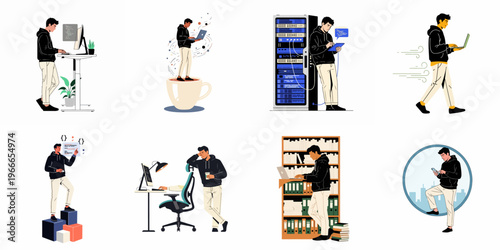 Collection of Flat Vector Illustrations Featuring a Young Software Developer Working in Various Modern Tech Environments and Remote Work Scenarios.