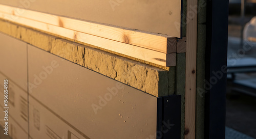 Construction of a modern building facade with external insulation and wooden facade cladding details