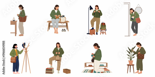 Diverse set of flat illustrations of women in a cozy home environment, preparing to go out with bags, backpacks, and everyday accessories.