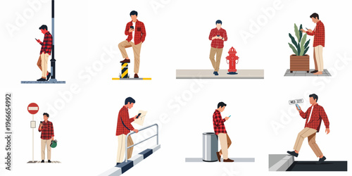 Flat vector illustrations of a young man in a red plaid shirt using his smartphone in various urban locations and daily life situations.