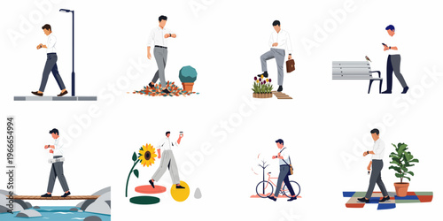Collection of illustrations depicting a businessman in various settings, frequently checking his watch while walking, representing time management and a busy urban lifestyle.