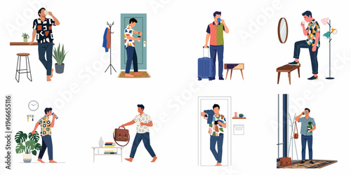 Flat illustration set of a modern man's daily morning routine and lifestyle activities, featuring coffee, travel, and home life.