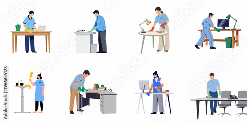 Collection of Professional Cleaning Staff Disinfecting and Sanitizing Office Desks and Workspaces in Flat Vector Style