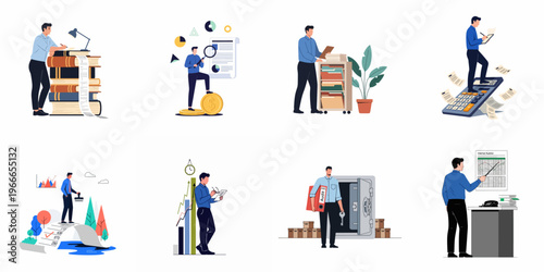 Business Auditor and Accountant Character Set Performing Financial Examinations, Data Analysis, Tax Compliance, and Internal Audit Procedures in Flat Vector Style.