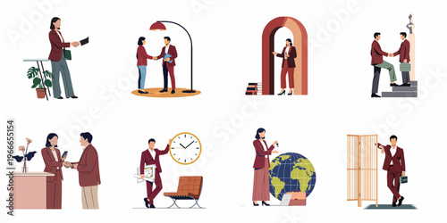 Set of flat vector illustrations depicting professional business people in various work scenarios including meetings, handshakes, global business, and architectural planning.
