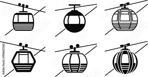 Black and white cable car icons showing various gondola designs, illustrating transportation, tourism, aerial lift concepts, and modern mountain transit in simple graphic style.