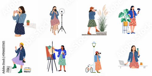 Flat vector illustration set of creative women photographers, artists, and influencers in denim jackets and floral dresses engaged in various modern hobbies and professions.