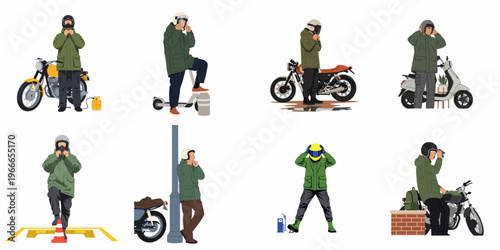 Collection of flat vector illustrations featuring riders with motorcycles, scooters, and helmets, showcasing urban mobility, motorcycling lifestyle, and outdoor adventure gear.