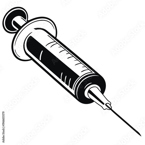 A stark black and white of a medical syringe with a needle, depicted in a realistic, style with strong contrast and shading, on a white background