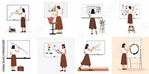Set of Illustrations of a Professional Businesswoman Presenting and Analyzing Various Data Charts, Graphs, and Strategic Diagrams on Whiteboards.