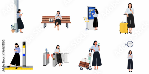 Set of flat vector illustrations featuring a woman using her smartphone in various travel scenarios like train stations and airports.
