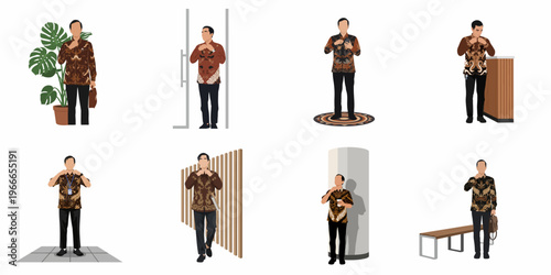 Set of flat vector illustrations featuring a professional man in traditional Indonesian batik shirt in various office and daily life poses.