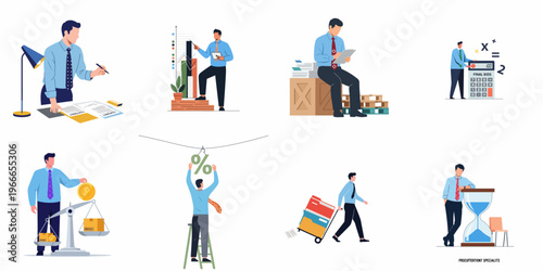 Collection of Flat Vector Illustrations Featuring a Procurement Specialist in Various Business, Logistics, and Financial Scenarios