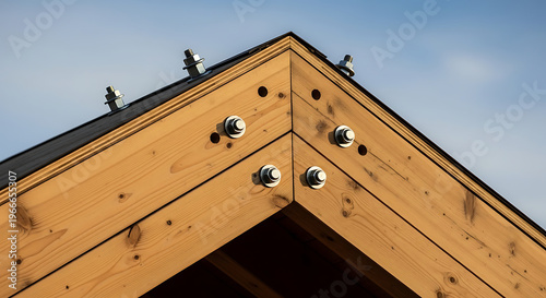 Close-up of wooden roof beams and metal fasteners on a new building under construction