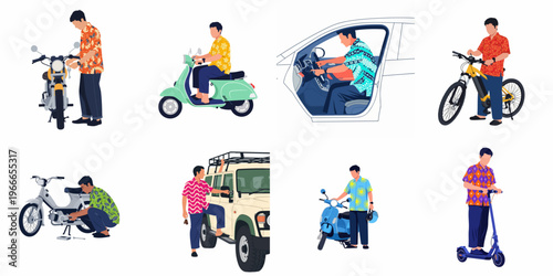 Collection of flat vector illustrations featuring a man in traditional batik shirts using various vehicles like cars, motorcycles, scooters, and bicycles.