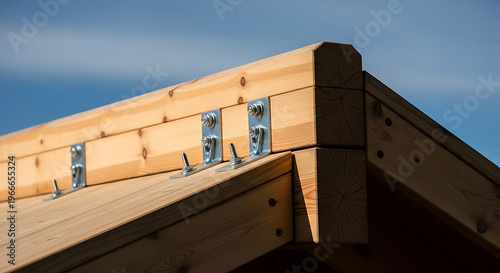 Close-up of a wooden roof structure with visible metal fasteners against a clear blue sky