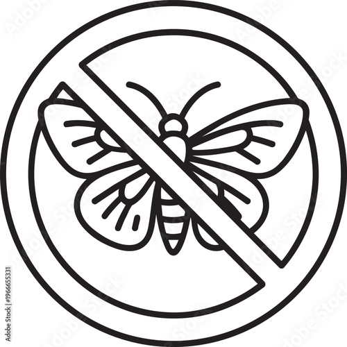 Prohibition sign with flying moth insect for pest control and clothing protection concept line icon vector