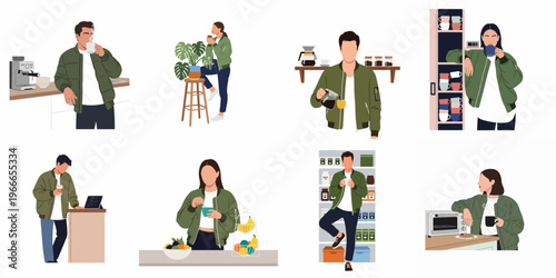 Flat illustration set of people wearing green bomber jackets enjoying coffee and snacks in different indoor settings like kitchens, cafes, and workspaces.