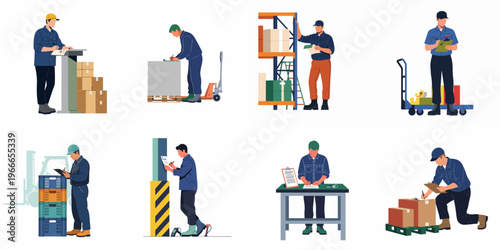 Set of diverse warehouse workers and logistics personnel managing inventory and shipping tasks in flat vector illustration style.
