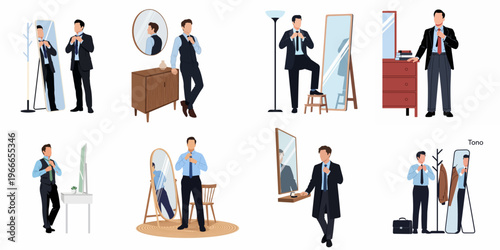Set of Illustrations Featuring a Businessman in Formal Attire Adjusting His Tie and Suit While Looking in Different Mirrors