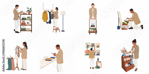 Set of flat vector illustrations featuring retail staff and boutique owners organizing merchandise, styling clothing, and managing shop displays in a minimalist style.