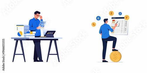 Business professional analyzing financial reports and managing budget with charts and currency symbols in modern flat illustration style.
