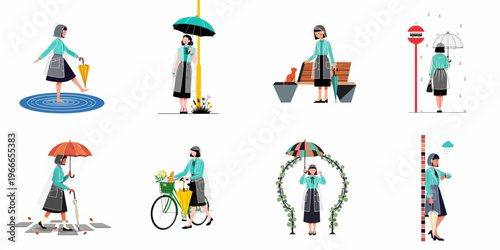 Vector illustration set of a stylish woman in a transparent raincoat and umbrella performing different outdoor activities on a typical rainy autumn day.