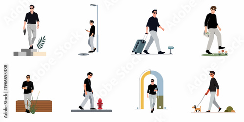 A collection of eight flat vector illustrations showing a modern man in various everyday activities, from traveling and commuting to walking his dog.