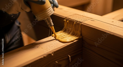 Craftsman applying adhesive to wooden beams for furniture construction or home renovation project