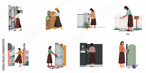 Flat illustration collection of a woman opening and closing various garden gates, driveway entrances, and house doors in a suburban home setting.