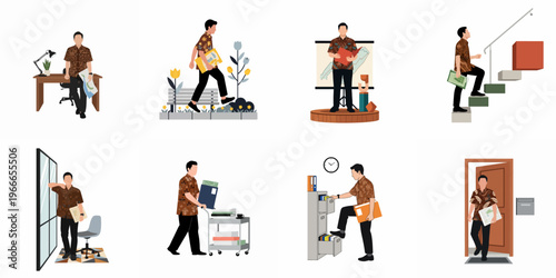 Set of Flat Vector Illustrations Featuring an Indonesian Businessman Wearing a Traditional Batik Shirt in Various Office and Professional Scenarios.