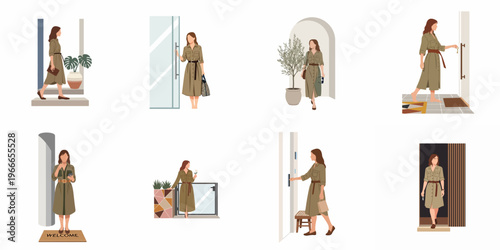 Set of Minimalist Flat Vector Illustrations Featuring a Fashionable Woman in a Khaki Dress Entering and Leaving Various Modern Entrances and Doorways
