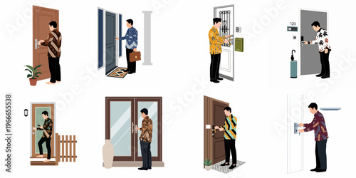Set of flat vector illustrations of a man in traditional batik shirts opening various house and office doors at entrances.