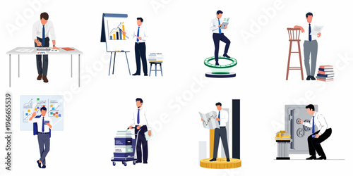 Collection of businessmen illustrations depicting various financial, accounting, data analysis, and corporate office activities in a modern flat design style.