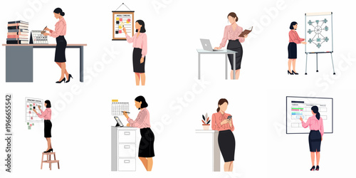 Collection of flat vector illustrations featuring a professional businesswoman managing tasks, planning schedules, and organizing office workflows in various work scenarios.