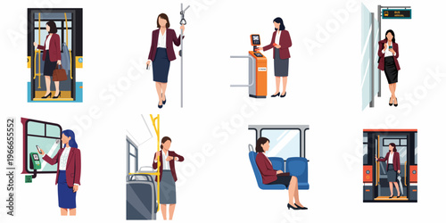Collection of illustrations showing a businesswoman using public transportation such as buses and trains for her daily commute to work.