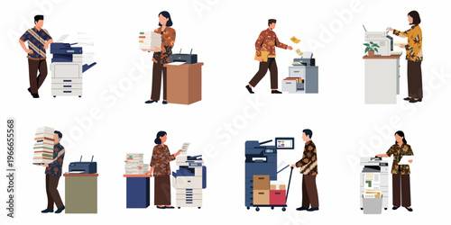 Set of Indonesian Office Workers in Batik Operating Printers, Photocopiers, and Managing Large Stacks of Documents for Administrative Tasks.