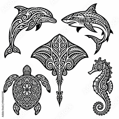 Tribal Marine Animal Vector Set – Stingray Turtle Shark Seahorse Dolphin Tattoo Style