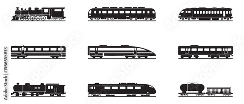 Evolution of train transport icons from vintage steam locomotive to modern high speed rail and freight tanker