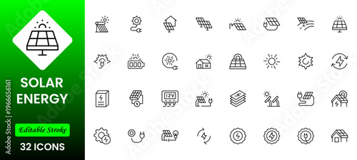 Solar Energy icon set. Green energy icon set. Collection of renewable energy, ecology and green electricity icons. Vector illustration.