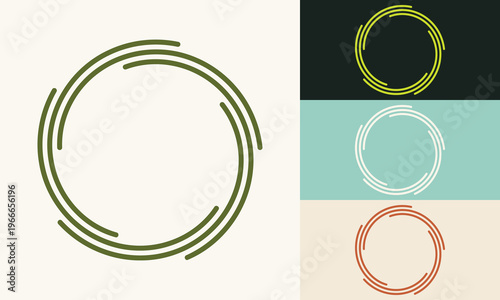 Segmented concentric circle icon shown in olive green, lime, white and terracotta color variants for eco and sustainability themes. Minimalist vector symbol for renewable energy and ecology concepts.