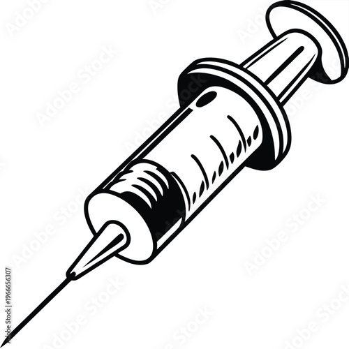Black and white of a medical syringe injection needle