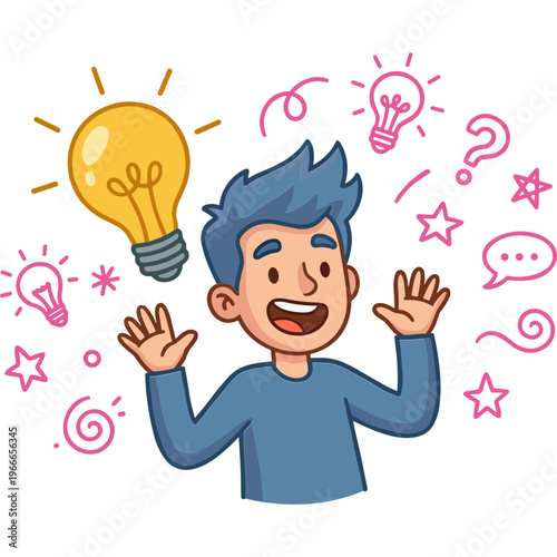 Cartoon man excitedly gesturing with a lightbulb idea and symbols floating around him