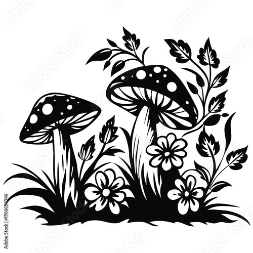 Black and white silhouette of two stylized mushrooms growing among grass and small flowers with decorative leaves and stems on a white background keywords: mushroom, fungus, plant, nature, forest